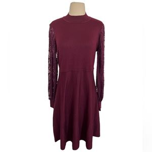 Nina Leonard Burgundy Sweater Dress With Lace Sleeves Size M